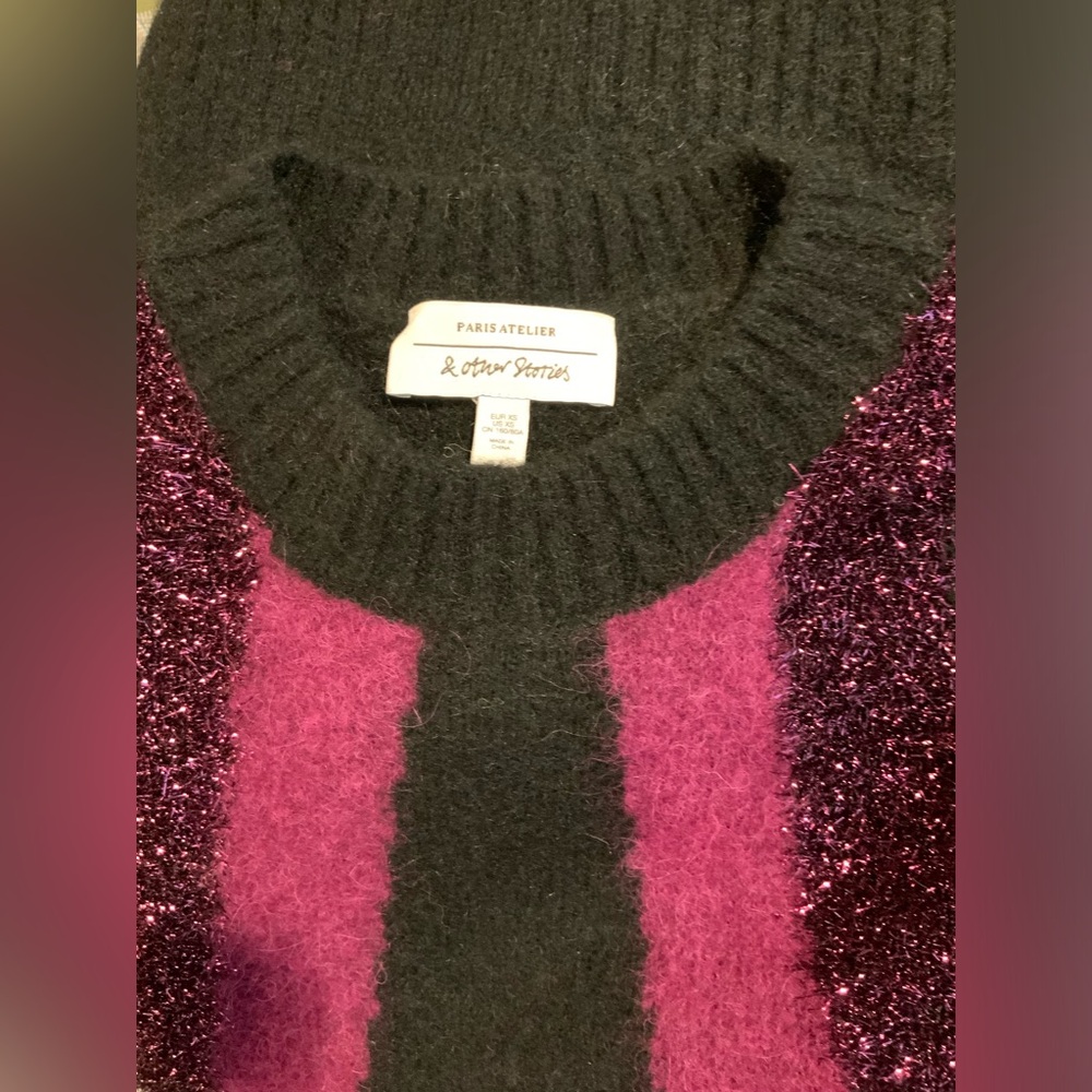 Black & Magenta Alpaca/Wool Blend Women's Crewneck Sweater - Picture 5 of 6